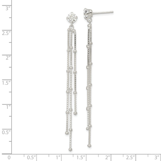 Sterling Silver Polished CZ & Beaded Chain Post Dangle Earrings