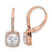 Sterling Silver Rose-tone Polished Princess Cut CZ Halo Leverback Earrings