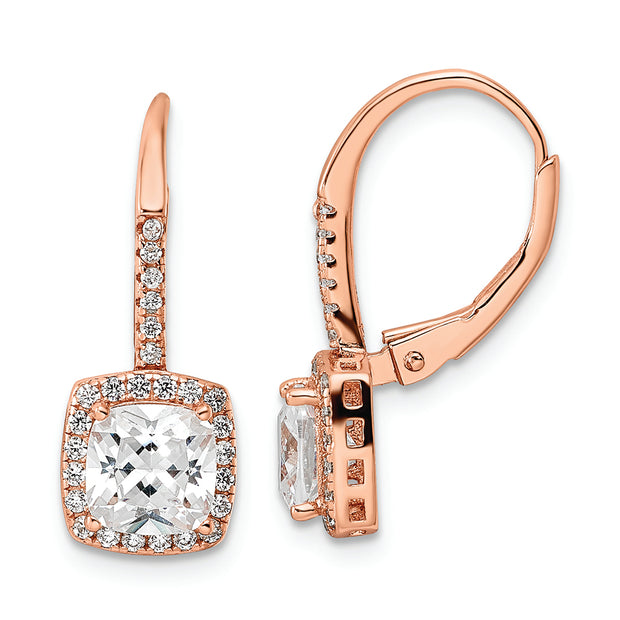 Sterling Silver Rose-tone Polished Princess Cut CZ Halo Leverback Earrings