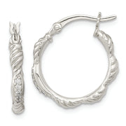 Sterling Silver Polished CZ and Textured Hoop Earrings