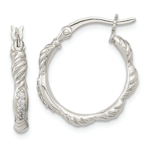 Sterling Silver Polished CZ and Textured Hoop Earrings