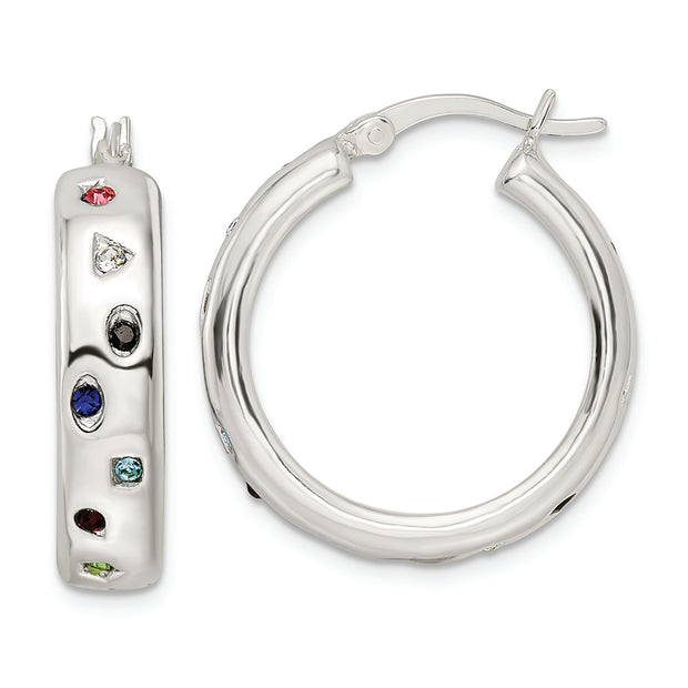 Sterling Silver Polished Multi-color CZ Circle Hoop Earrings