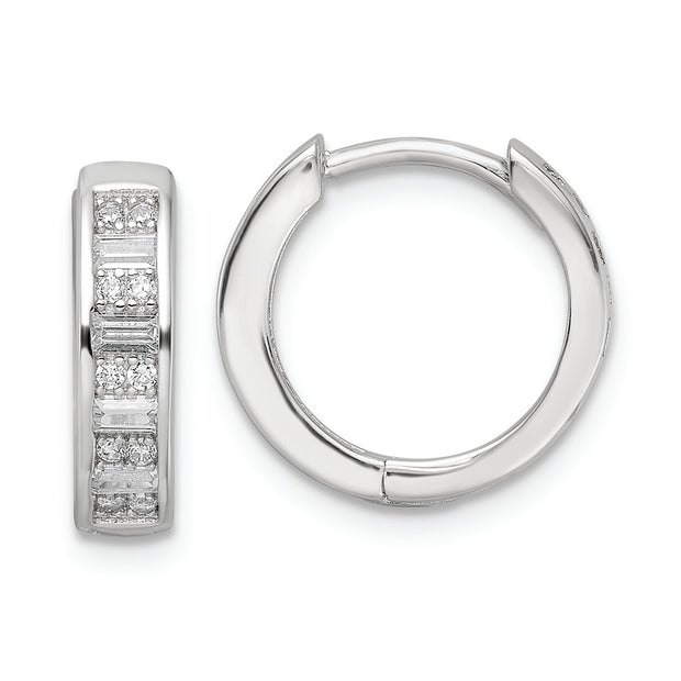 Sterling Silver Polished Rhodium-plated CZ Hinged Hoop Earrings
