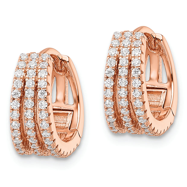 Sterling Silver Rose-tone Polished Triple Row CZ Hinged Hoop Earrings