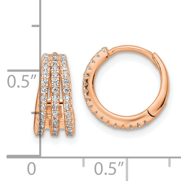 Sterling Silver Rose-tone Polished Triple Row CZ Hinged Hoop Earrings