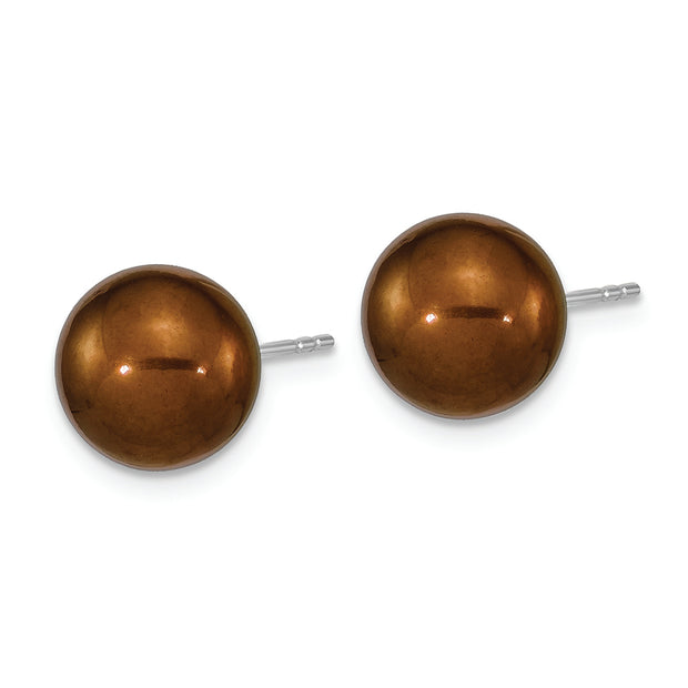 Sterling Silver Rhodium-plated 9-10mm Brown Round FWC Pearl Post Earrings