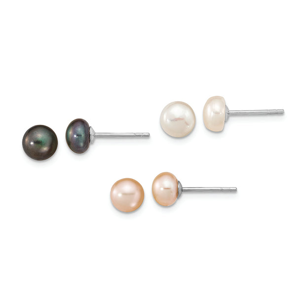 Sterling Silver Rh-pl 6-7mm Set of 3 Wt/BK/Pink Button FWC Pearl Earrings