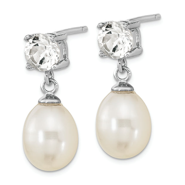 Sterling Silver Rh-pl W. Topaz 7-10mm Wht Teardrop FWC Pearl Earrings
