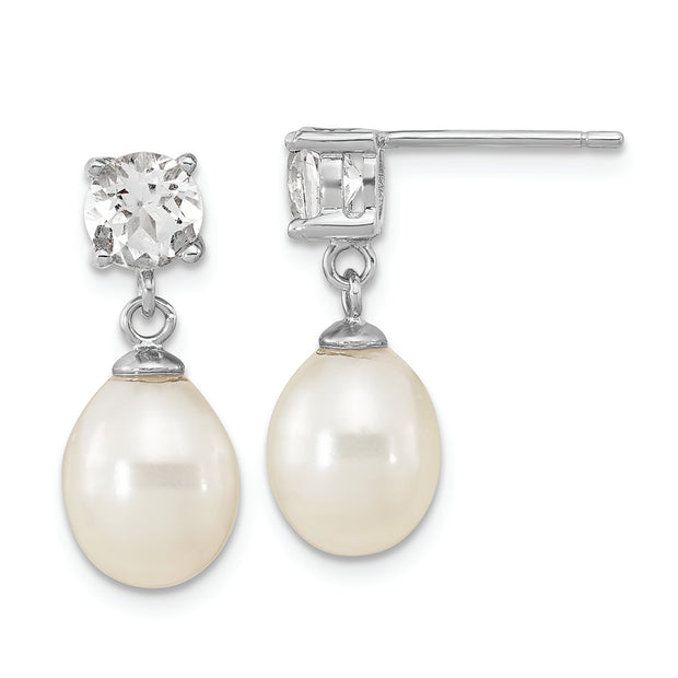 Sterling Silver Rh-pl W. Topaz 7-10mm Wht Teardrop FWC Pearl Earrings