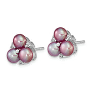 Sterling Silver Rhodium-pl CZ 5-6mm Purple Button FWC Pearl Earrings