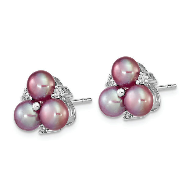 Sterling Silver Rhodium-pl CZ 5-6mm Purple Button FWC Pearl Earrings