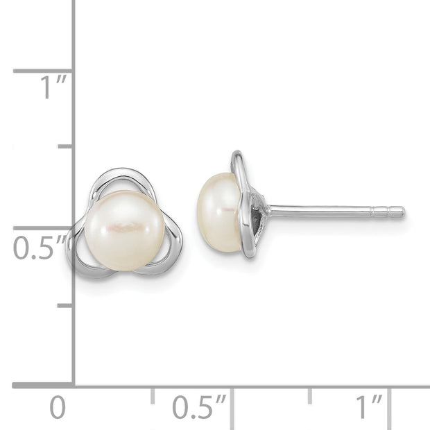 Sterling Silver Rho-plated 6-7mm White Button FWC Pearl Post Earrings