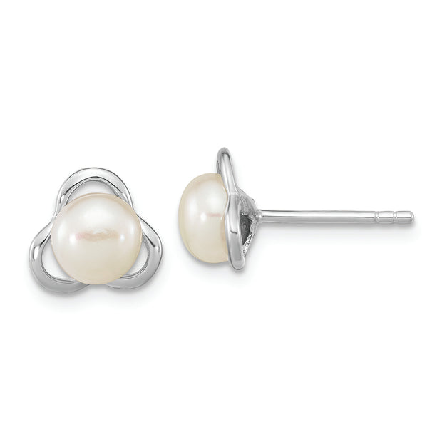 Sterling Silver Rho-plated 6-7mm White Button FWC Pearl Post Earrings