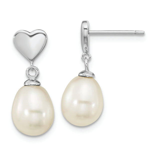 Sterling Silver Rho-plated 7x9mm White Teardrop FWC Pearl Dangle Earrings