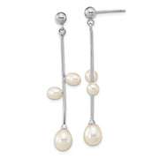 Sterling Silver Rhod-plated 4-7mm White Rice FWC Pearl Post Dangle Earrings