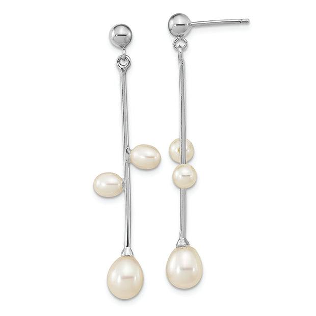 Sterling Silver Rhod-plated 4-7mm White Rice FWC Pearl Post Dangle Earrings