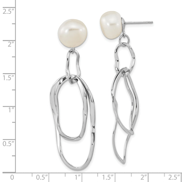 Sterling Silver Rhod-plated 10-11mm White Baroque FWC Pearl Dangle Earrings