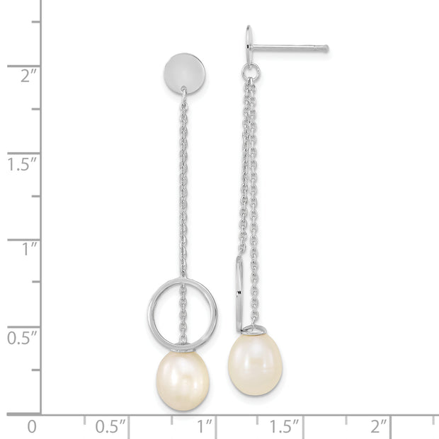 Sterling Silver Rhod-plated 7-10mm White Teardrop FWC Pearl Dangle Earrings