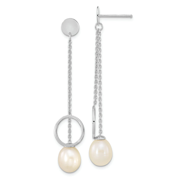 Sterling Silver Rhod-plated 7-10mm White Teardrop FWC Pearl Dangle Earrings