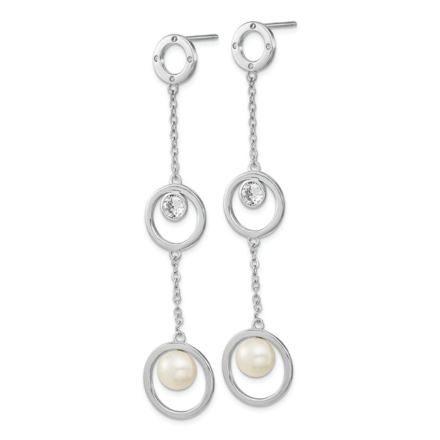 Sterling Silver Rhodium-plated CZ 6-7mm White Button FWC Pearl Earrings