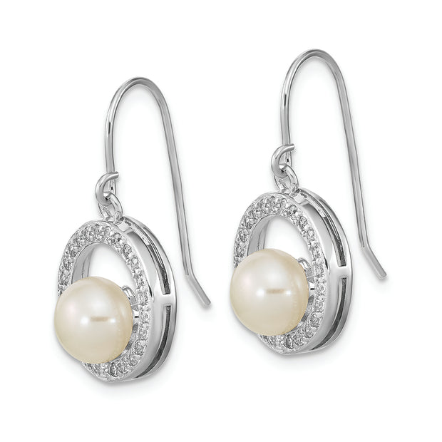 Sterling Silver Rhod-plated 6-7mm FWC Pearl & CZ Circle Dangle Earrings