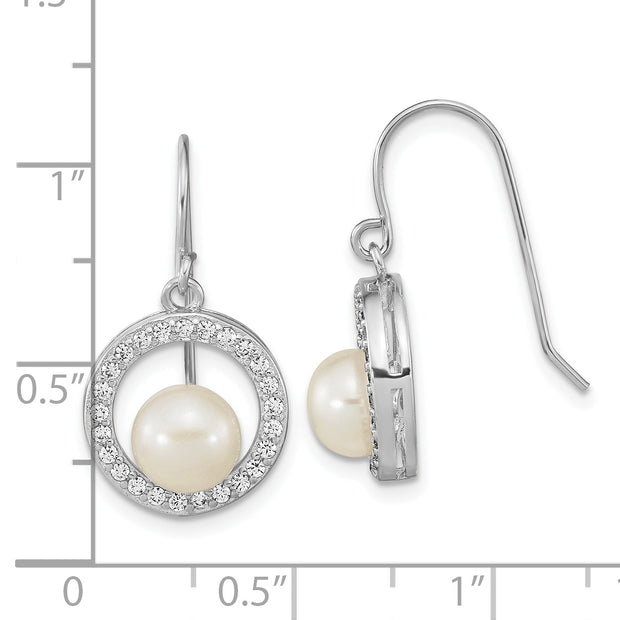 Sterling Silver Rhod-plated 6-7mm FWC Pearl & CZ Circle Dangle Earrings
