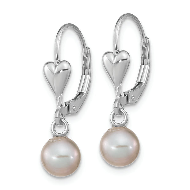 Sterling Silver RH-plated 6-7mm Grey FWC Pearl Heart Leverback Earrings