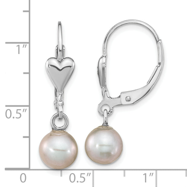 Sterling Silver RH-plated 6-7mm Grey FWC Pearl Heart Leverback Earrings
