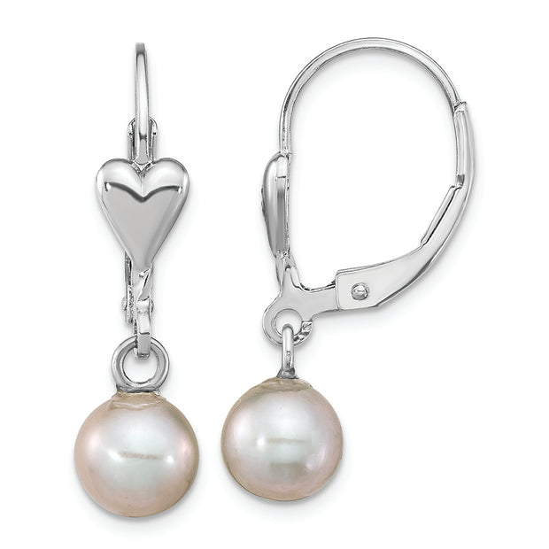 Sterling Silver RH-plated 6-7mm Grey FWC Pearl Heart Leverback Earrings