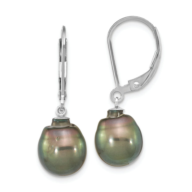 SS RH-plated 9-10mm Tahitian Saltwater Pearl Leverback Earrings