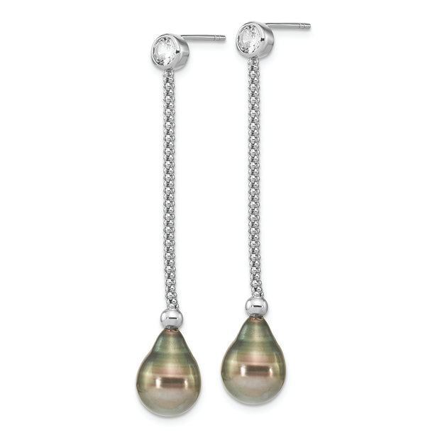 Sterling Silver RH-plated 9-10mm Tahitian Saltwater Pearl CZ Earrings