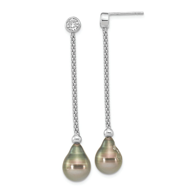 Sterling Silver RH-plated 9-10mm Tahitian Saltwater Pearl CZ Earrings