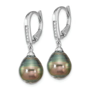 SS RH-plated 9-10mm Tahitian Saltwater Pearl CZ Leverback Earrings