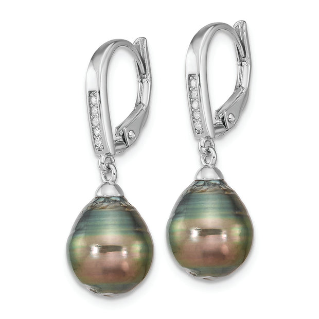 SS RH-plated 9-10mm Tahitian Saltwater Pearl CZ Leverback Earrings