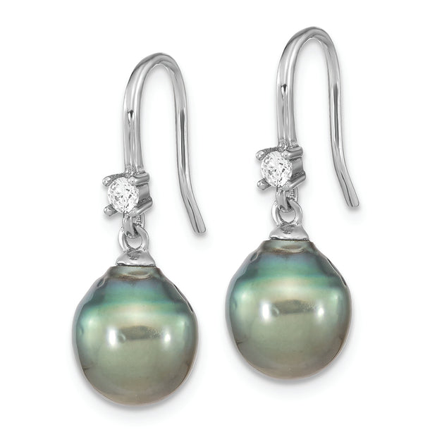 Sterling Silver RH-plated Tahitian Saltwater Pearl & CZ Dangle Earrings
