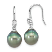Sterling Silver RH-plated Tahitian Saltwater Pearl & CZ Dangle Earrings