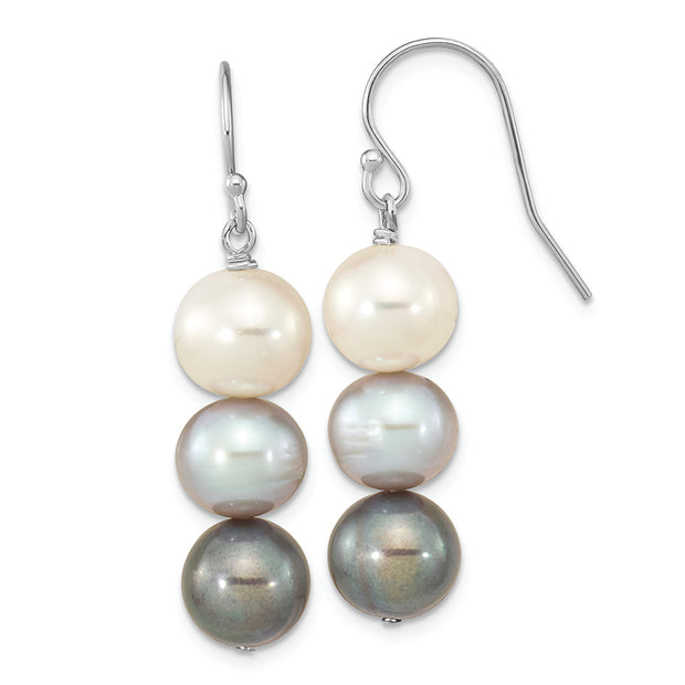 Sterling Silver RH-plated Black/White/Grey FWC Pearl Dangle Earrings