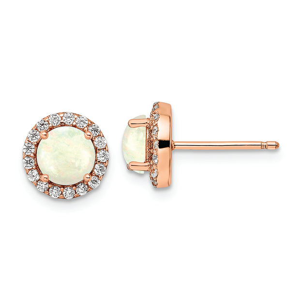 Sterling Silver Rose-tone Polished Created Opal & CZ Halo Post Earrings