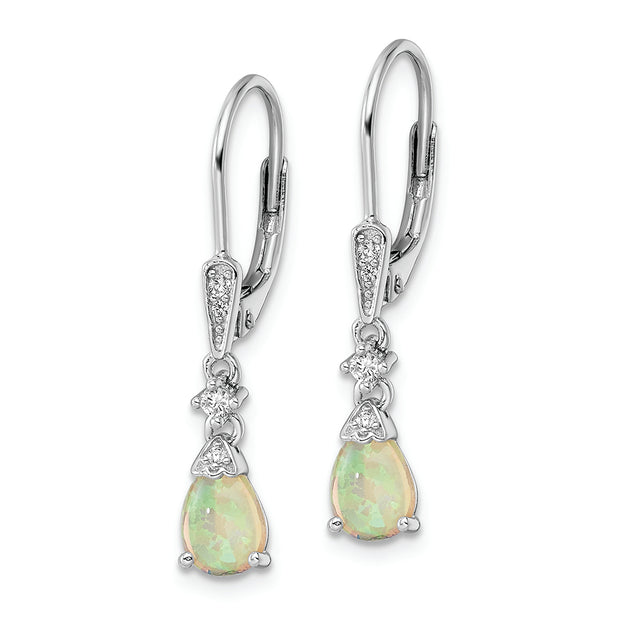 Sterling Silver RH-plated CZ & Created Opal Teardrop Leverback Earrings