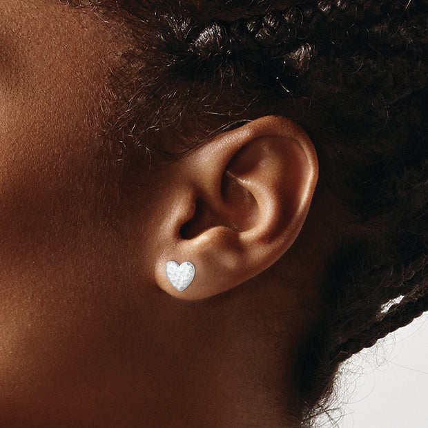 Sterling Silver Rhodium-plated Polished Hammered Heart Post Earrings