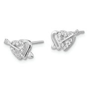 Sterling Silver Rhodium-plated CZ Double Heart and Arrow Post Earrings