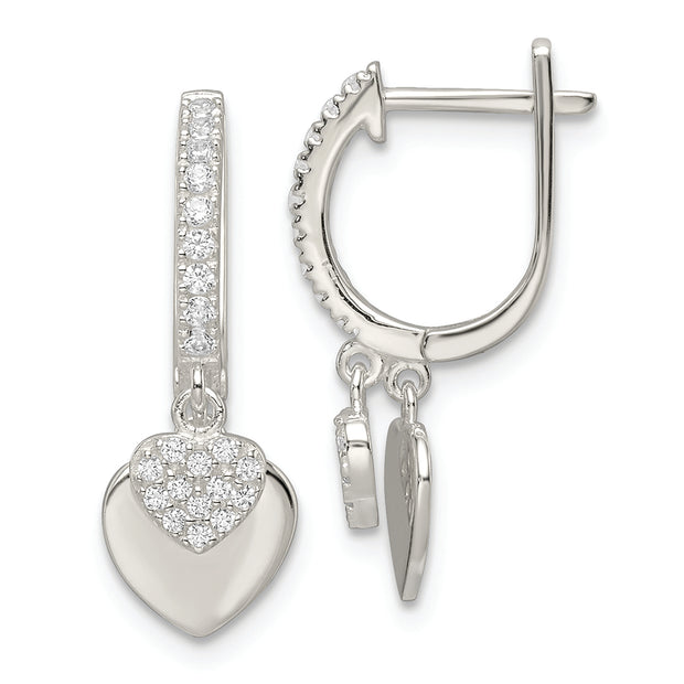 Sterling Silver Polished CZ Dangle Hearts Hinged Hoop Earrings
