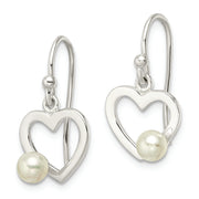 Sterling Silver Polished Imitaition Pearl Heart Shepherd Hook Earrings