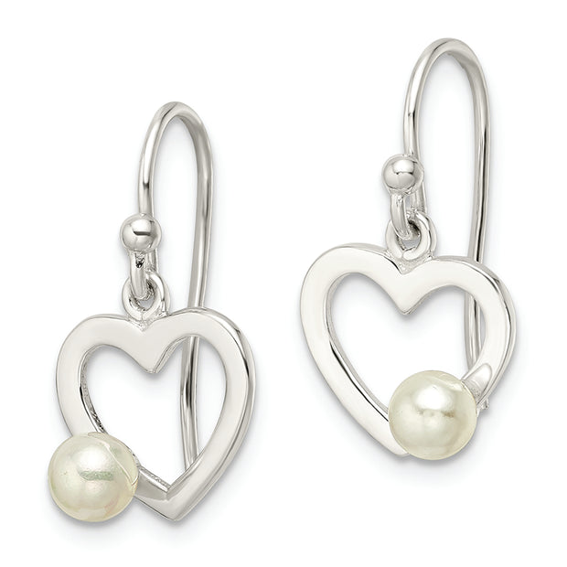 Sterling Silver Polished Imitaition Pearl Heart Shepherd Hook Earrings