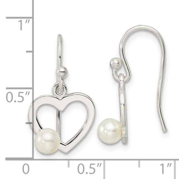 Sterling Silver Polished Imitaition Pearl Heart Shepherd Hook Earrings