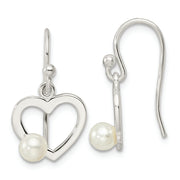 Sterling Silver Polished Imitaition Pearl Heart Shepherd Hook Earrings
