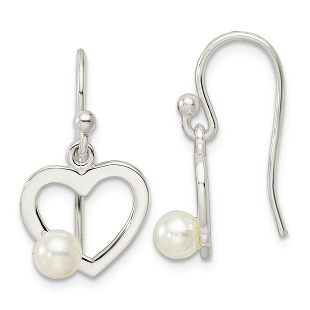 Sterling Silver Polished Imitaition Pearl Heart Shepherd Hook Earrings