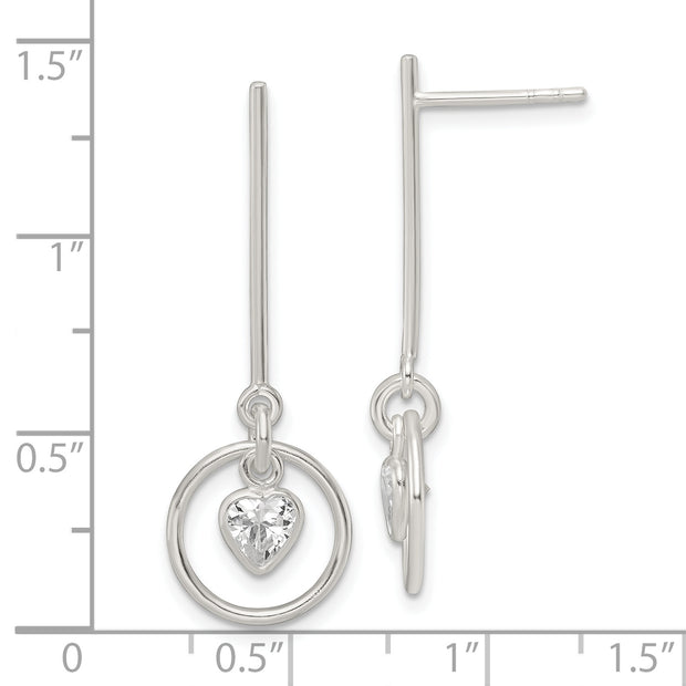 Sterling Silver Polished Dangle Heart CZ Post Earrings