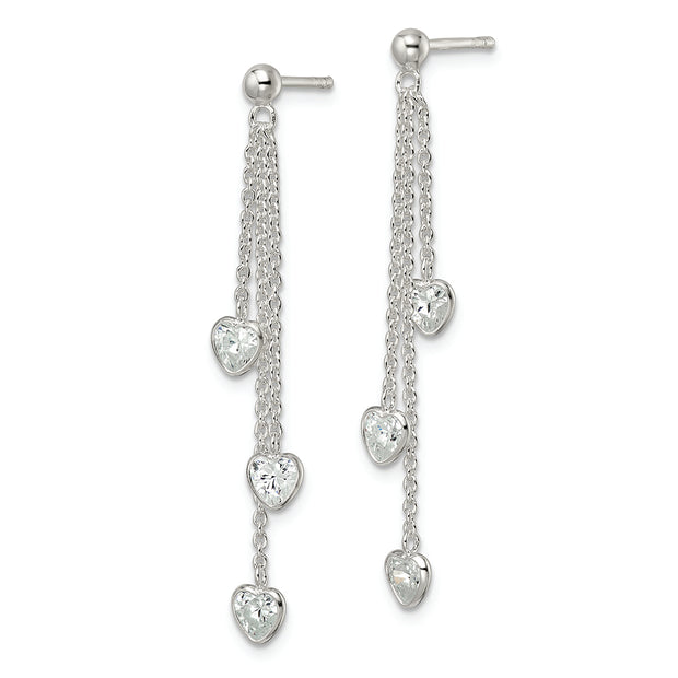 Sterling Silver Polished Dangle Heart CZ Post Earrings