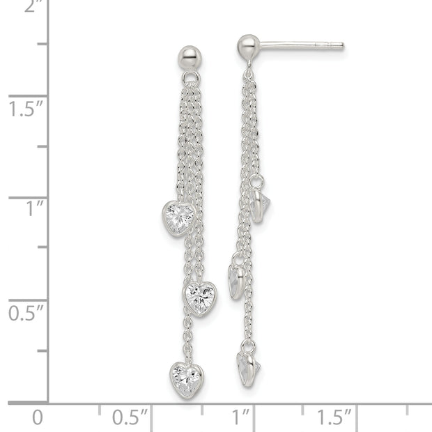 Sterling Silver Polished Dangle Heart CZ Post Earrings